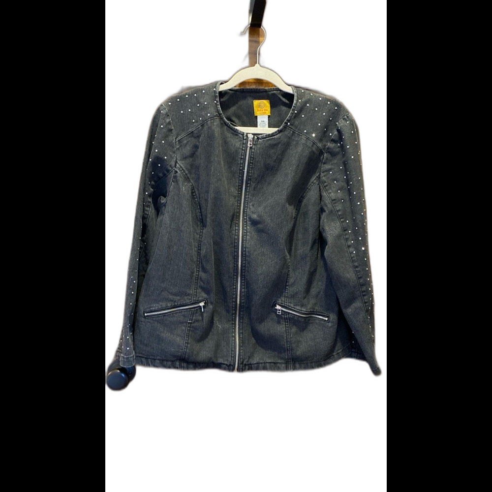 Ruby Rd Woman Studded Jacket Plus Size 16W Black Sparkly w/ Tiny Studs Zip Front